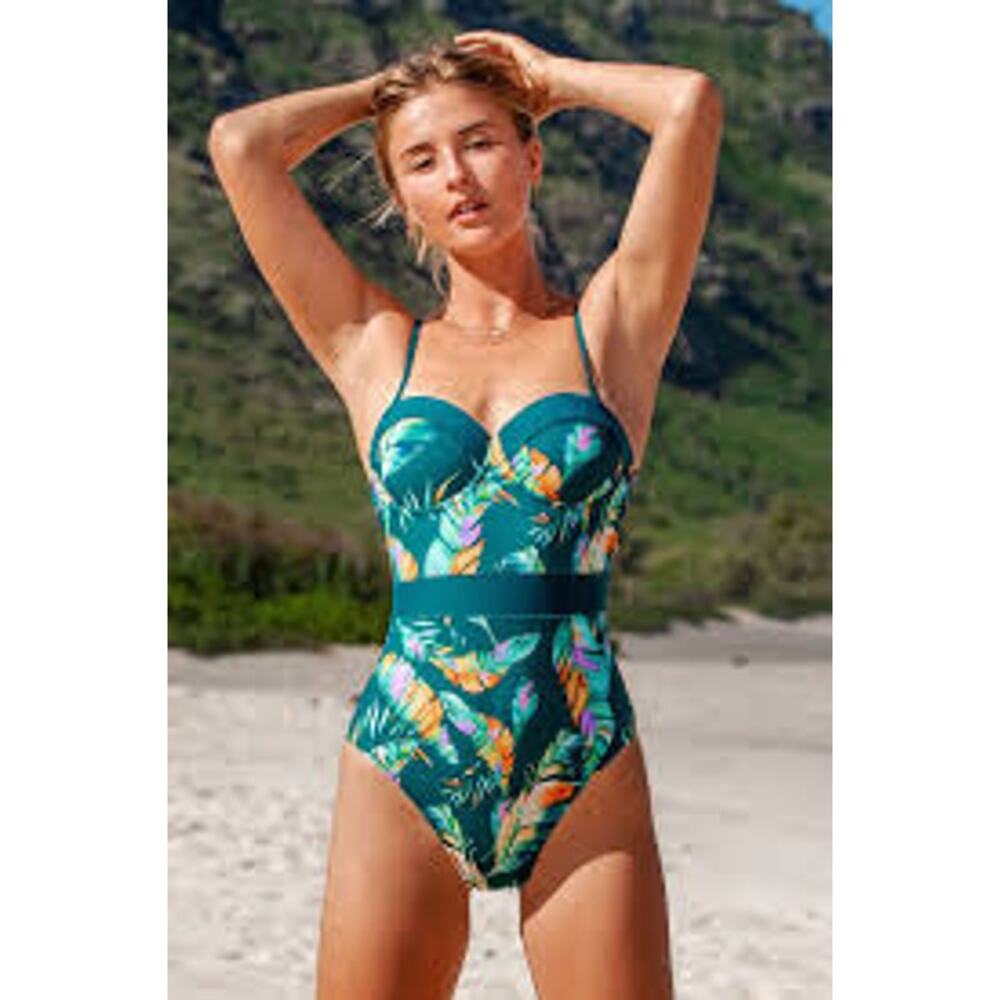 Cupshe One Piece Swimsuit Green Tropical Palm Print Padded Beach Leafy Small